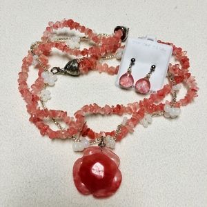 Pink & white shell/pearl necklace and earrings